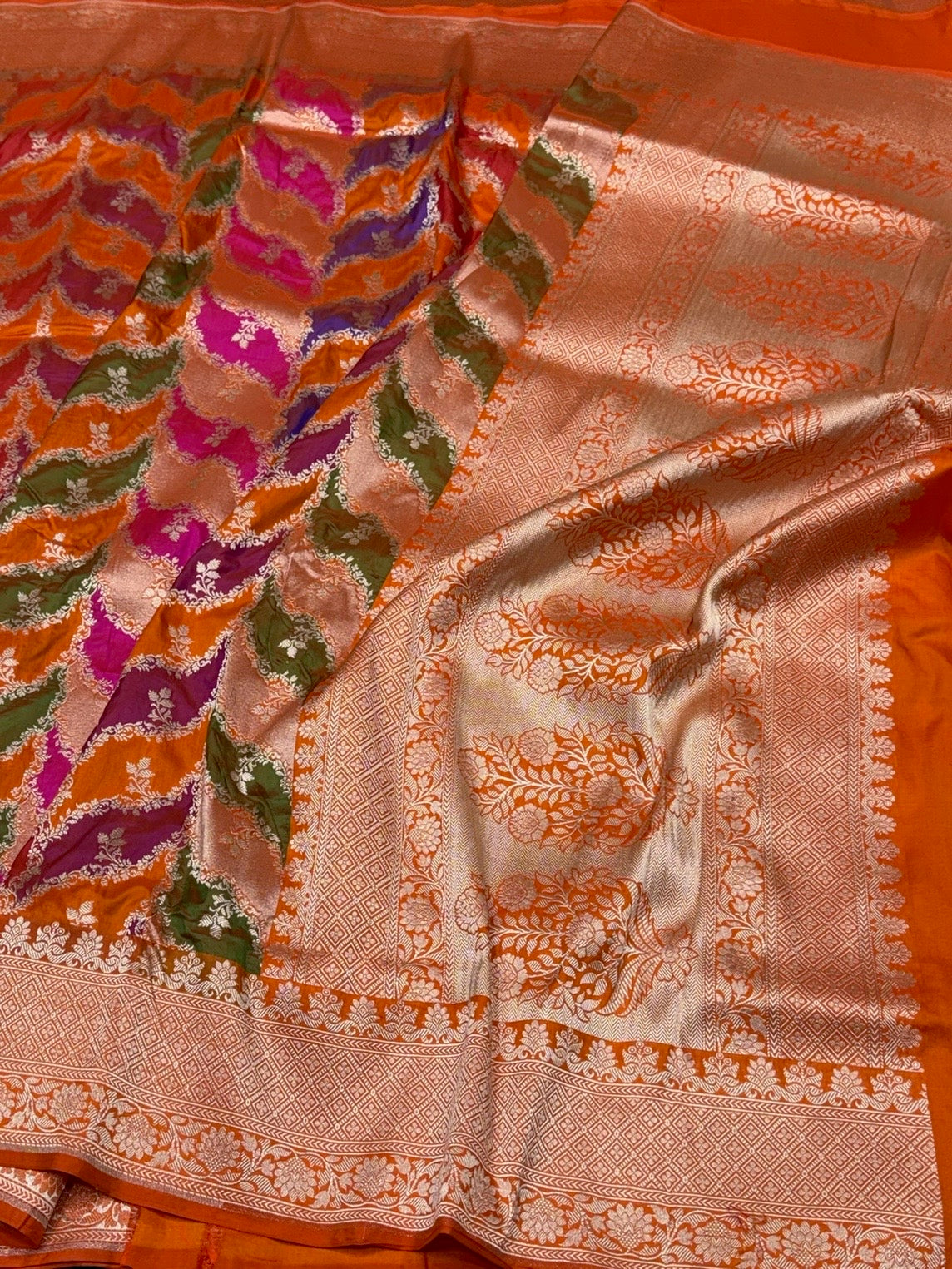 Orange Banarasi Pure Rangkaat Silk Saree – Cutwork Weave in 100% Pure Katan Silk