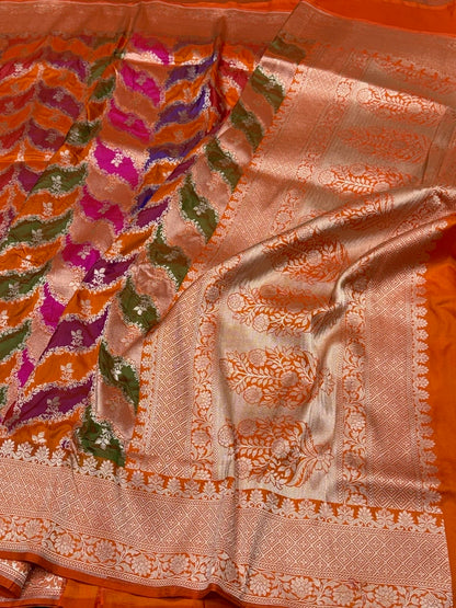 Orange Banarasi Pure Rangkaat Silk Saree – Cutwork Weave in 100% Pure Katan Silk