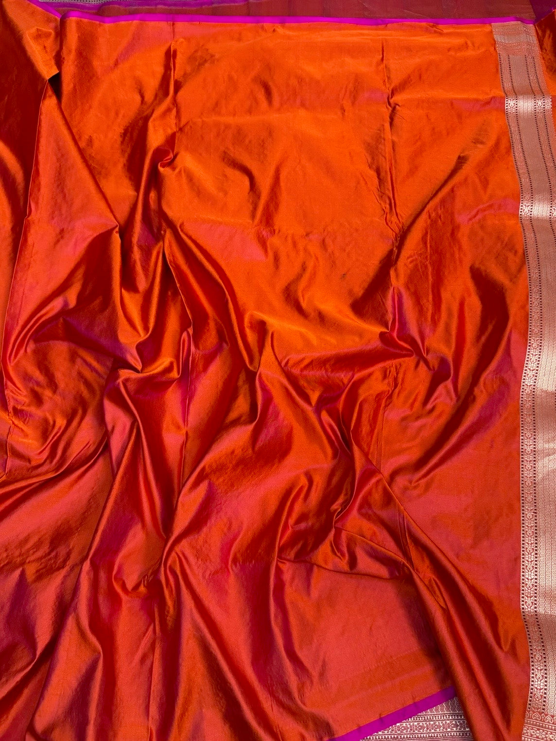 Orange Handwoven Pure Banarasi Satin Tanchoi Silk Saree