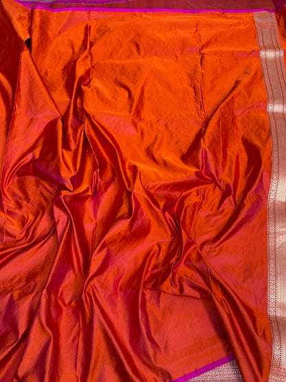 Orange Handwoven Pure Banarasi Satin Tanchoi Silk Saree
