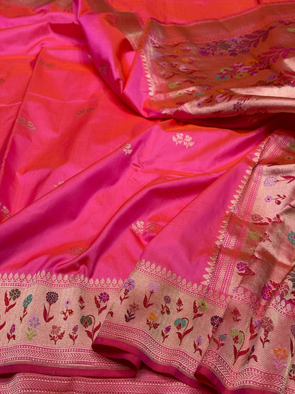 Orangish Pink Handwoven Pure Banarasi Silk Saree