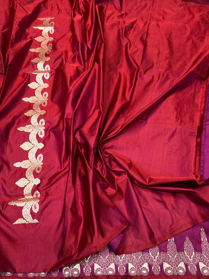 Red Handwoven Pure Banarasi Mashru Satin Silk Saree – Kadwa Weave in 100% Satin Silk