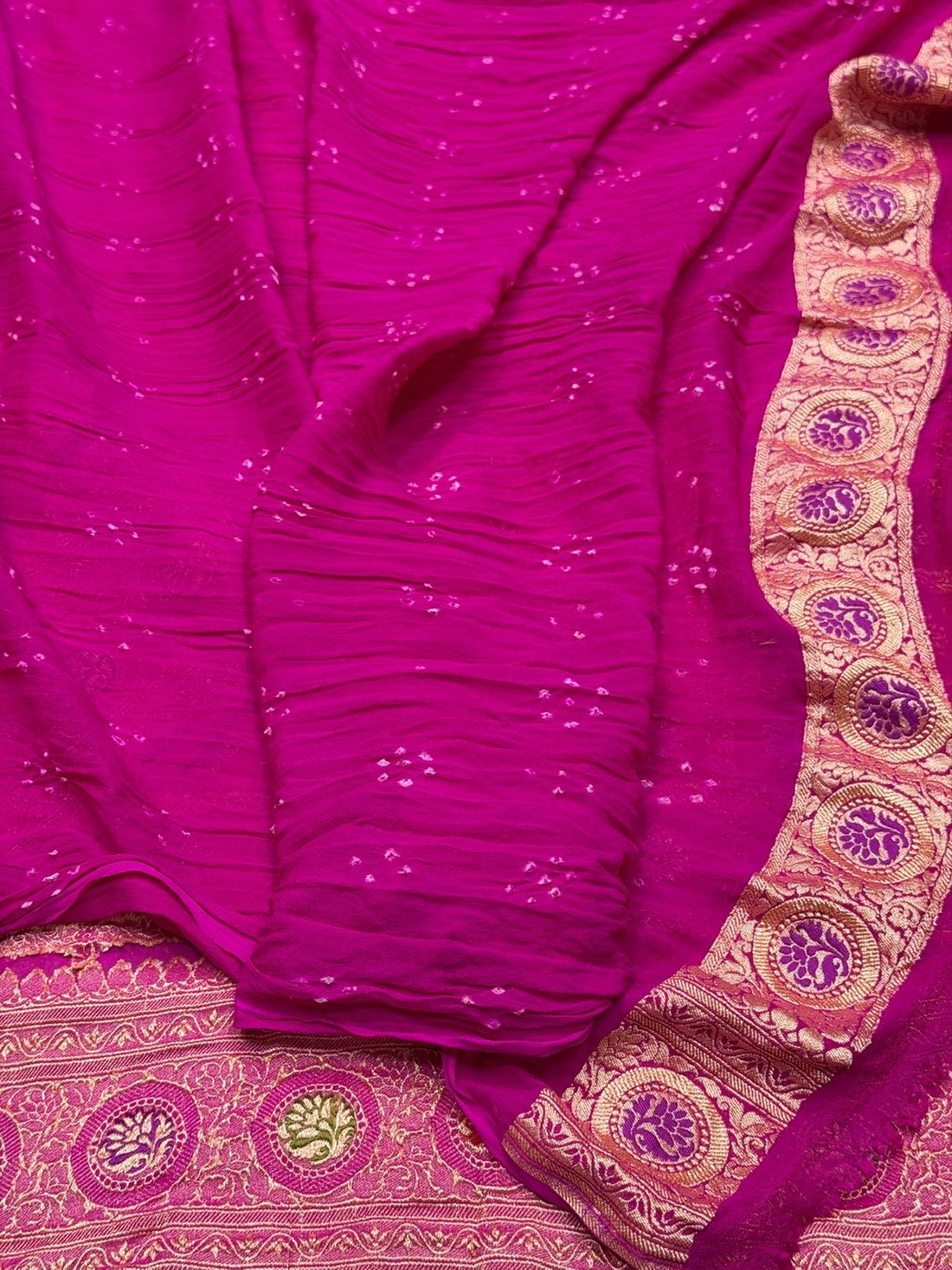 Rani Pink Banarasi Pure Bandhej Georgette Saree – Luxury Cutwork Brocade Wedding &amp; Festive Saree