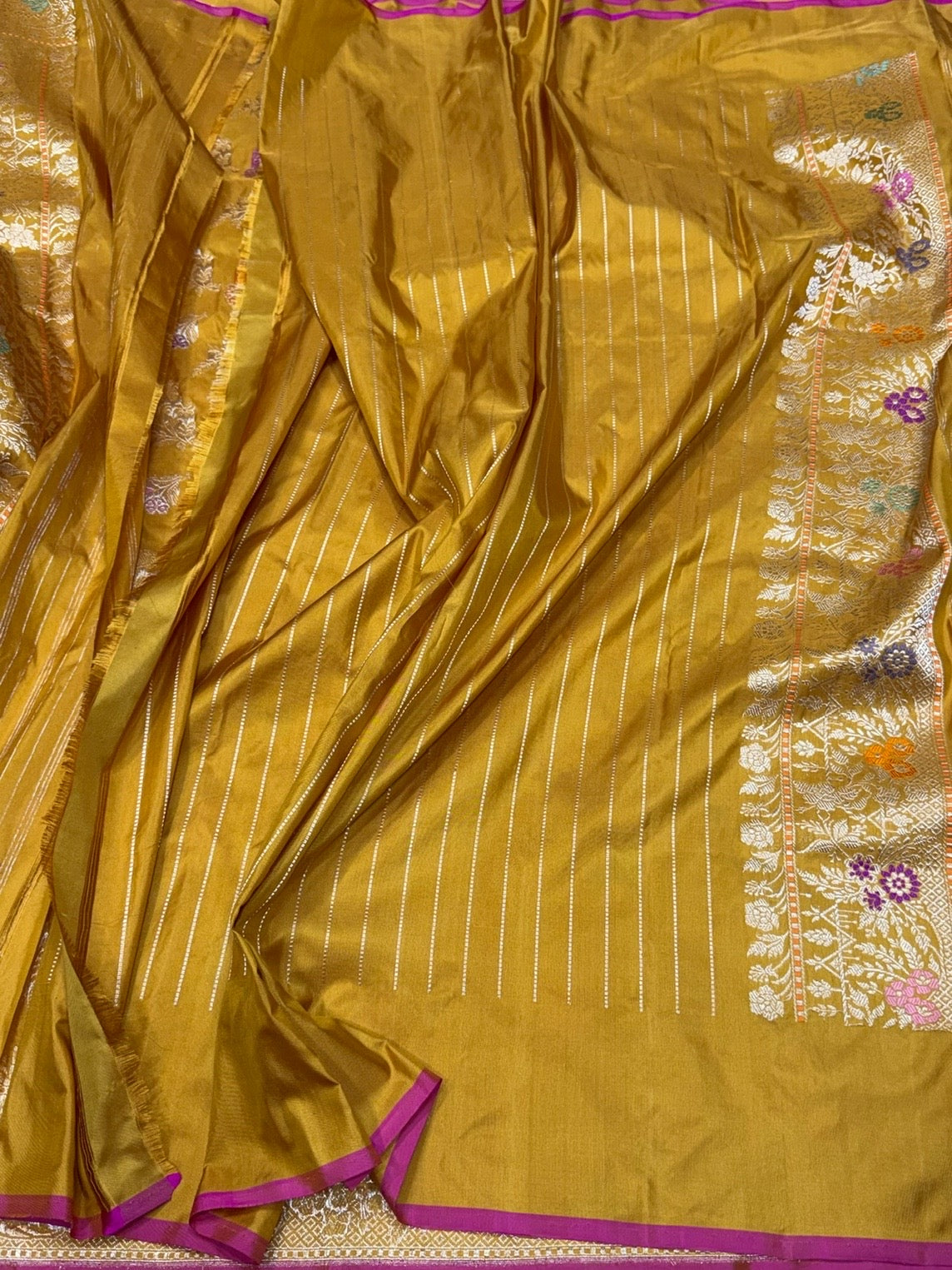 Mustard Gold Handwoven Pure Banarasi Silk Saree in Kadwa Weave | Authentic Katan Mulberry Silk