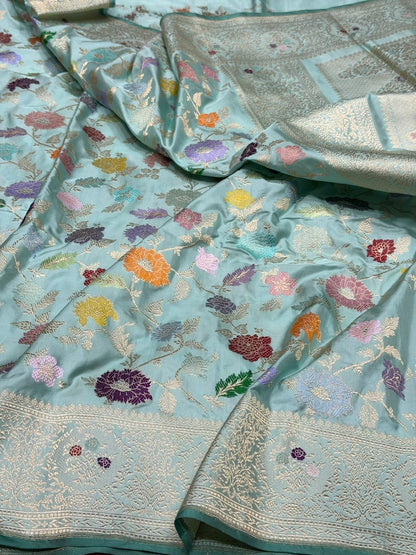 Sky Blue Handwoven Pure Banarasi Silk Saree – Luxury Kadwa Handloom Wedding &amp; Festive Saree