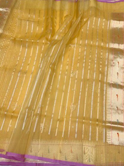 Yellow Handwoven Pure Organza Silk Saree