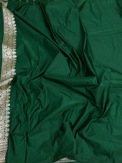 Bottle Green Handwoven Pure Banarasi Satin Silk Saree