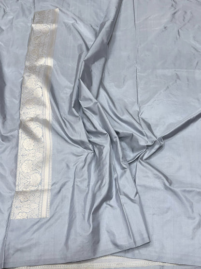 Ash Grey Handwoven Pure Banarasi Silk Saree – Kadwa Weave in 100% Katan Mulberry Silk