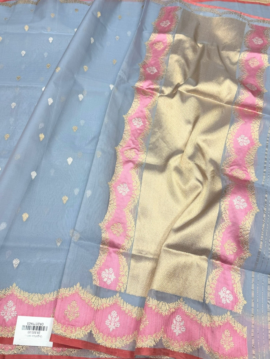 Bluish Grey Handwoven Banarasi Pure Organza Silk Saree