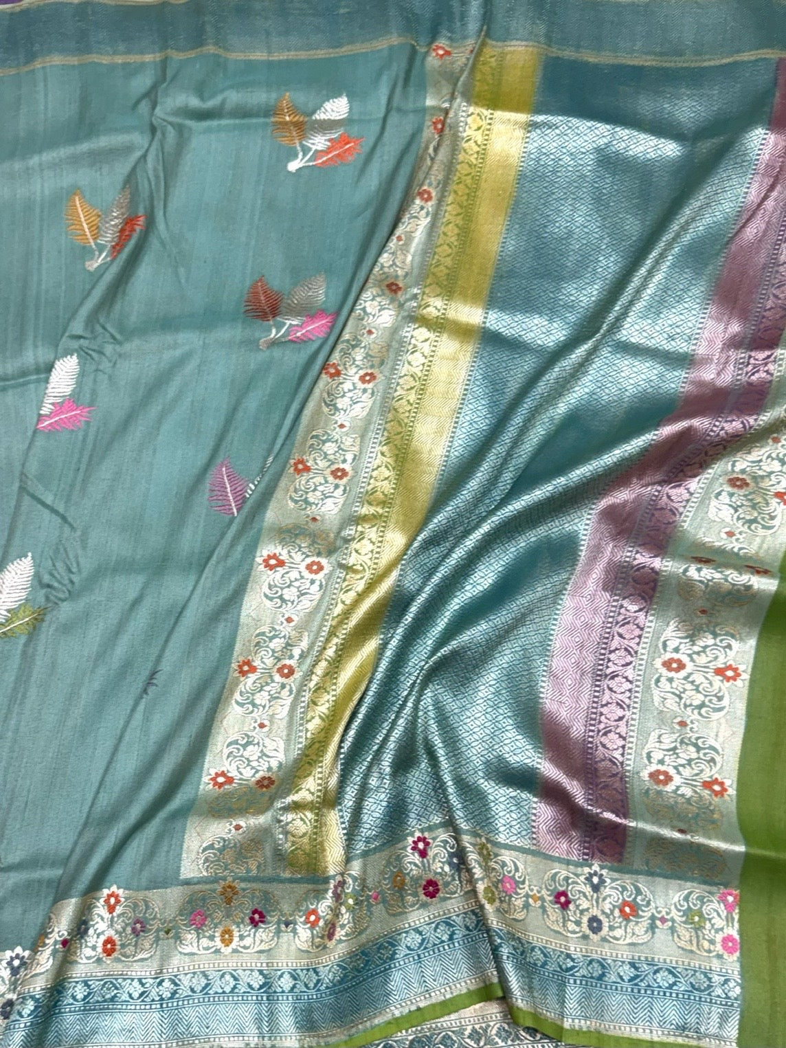 Powder Blue Handwoven Pure Tussar Georgette Saree