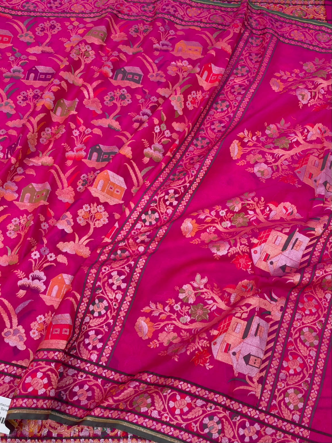 Rani Pink Banarasi Pure Kora Jamdani Saree