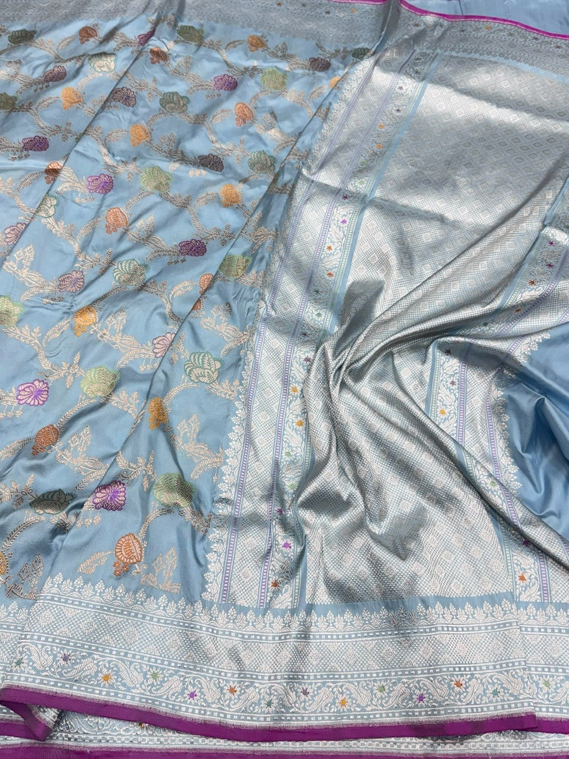 Powder Blue Handwoven Pure Banarasi Katan Silk Saree – Authentic Kadwa Weave