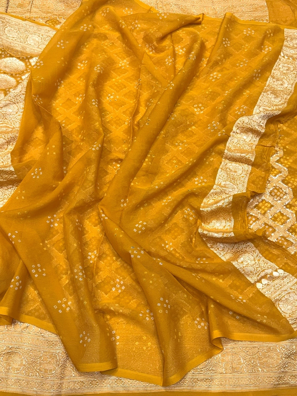 Mustard Yellow Banarasi Pure Bandhej Georgette Saree – Luxury Cutwork Brocade Festive Saree