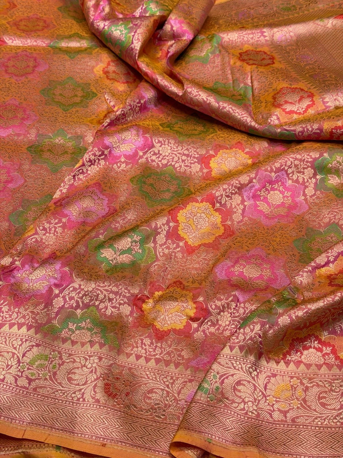 Orangish Pink Banarasi Tilfi Minakari Pure Silk Saree