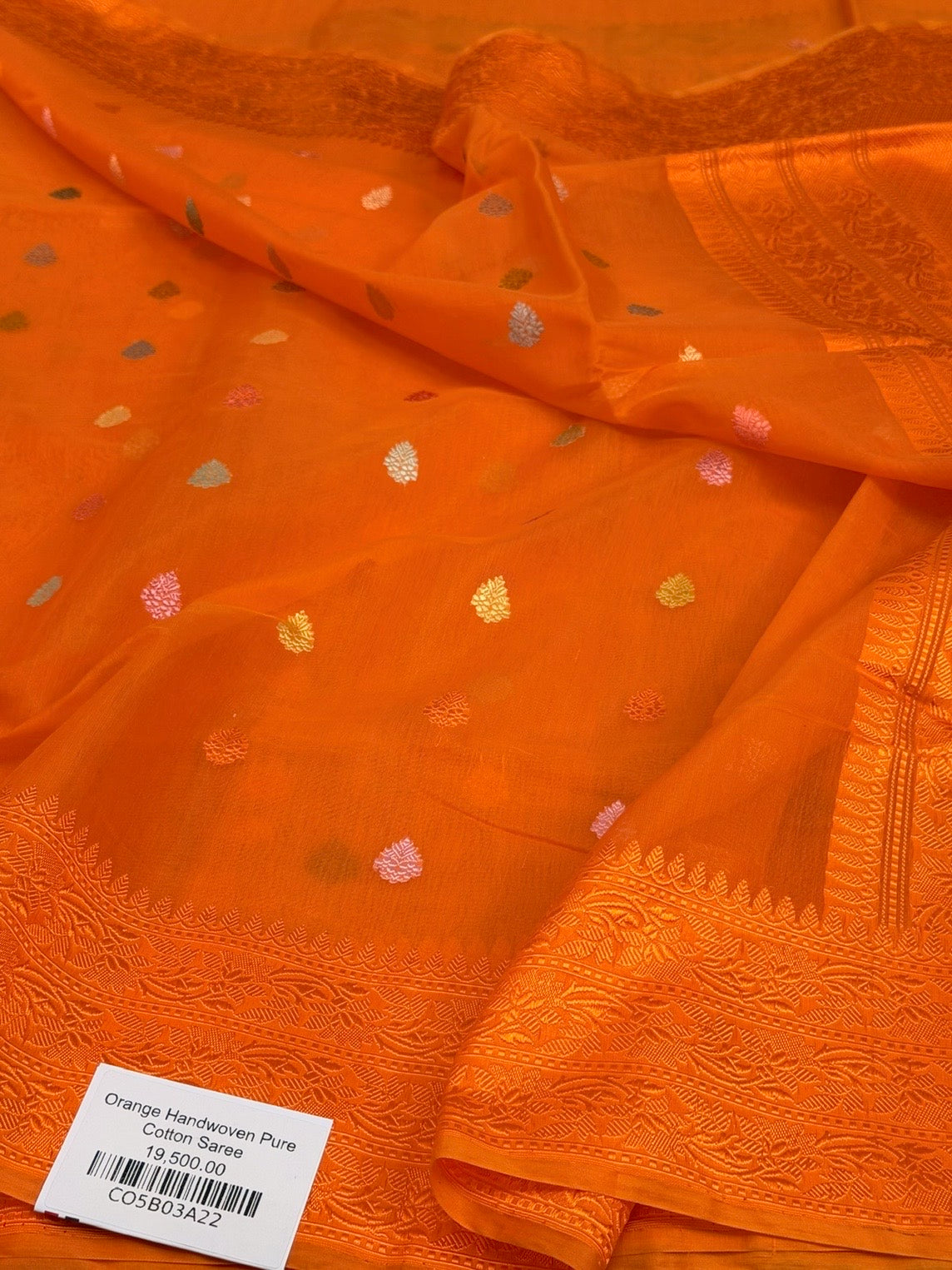 Orange Handwoven Pure Banarasi Cotton Saree