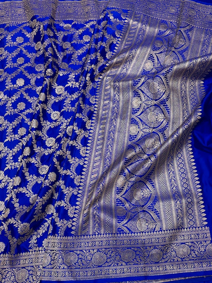Royal Blue Handwoven Vintage Pure Banarasi Satin Silk Saree