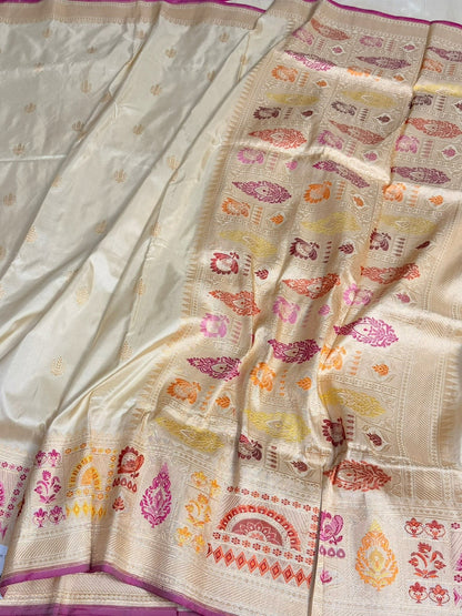 Ivory Handwoven Pure Banarasi Silk Saree – Kadwa Weave | Authentic Banaras Handloom