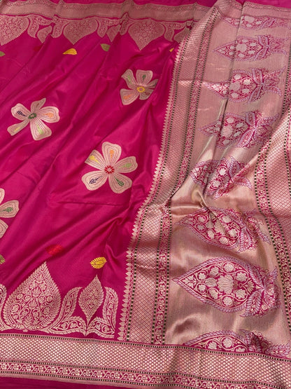Rani Pink Handwoven Pure Banarasi Ektara Silk Saree