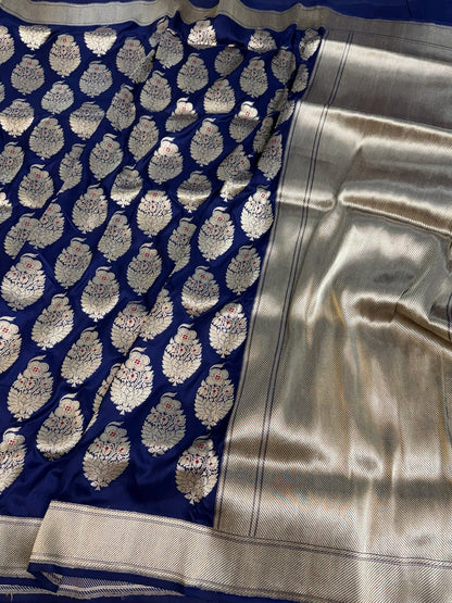 Navy Blue Handwoven Pure Katan Silk Banarasi Saree