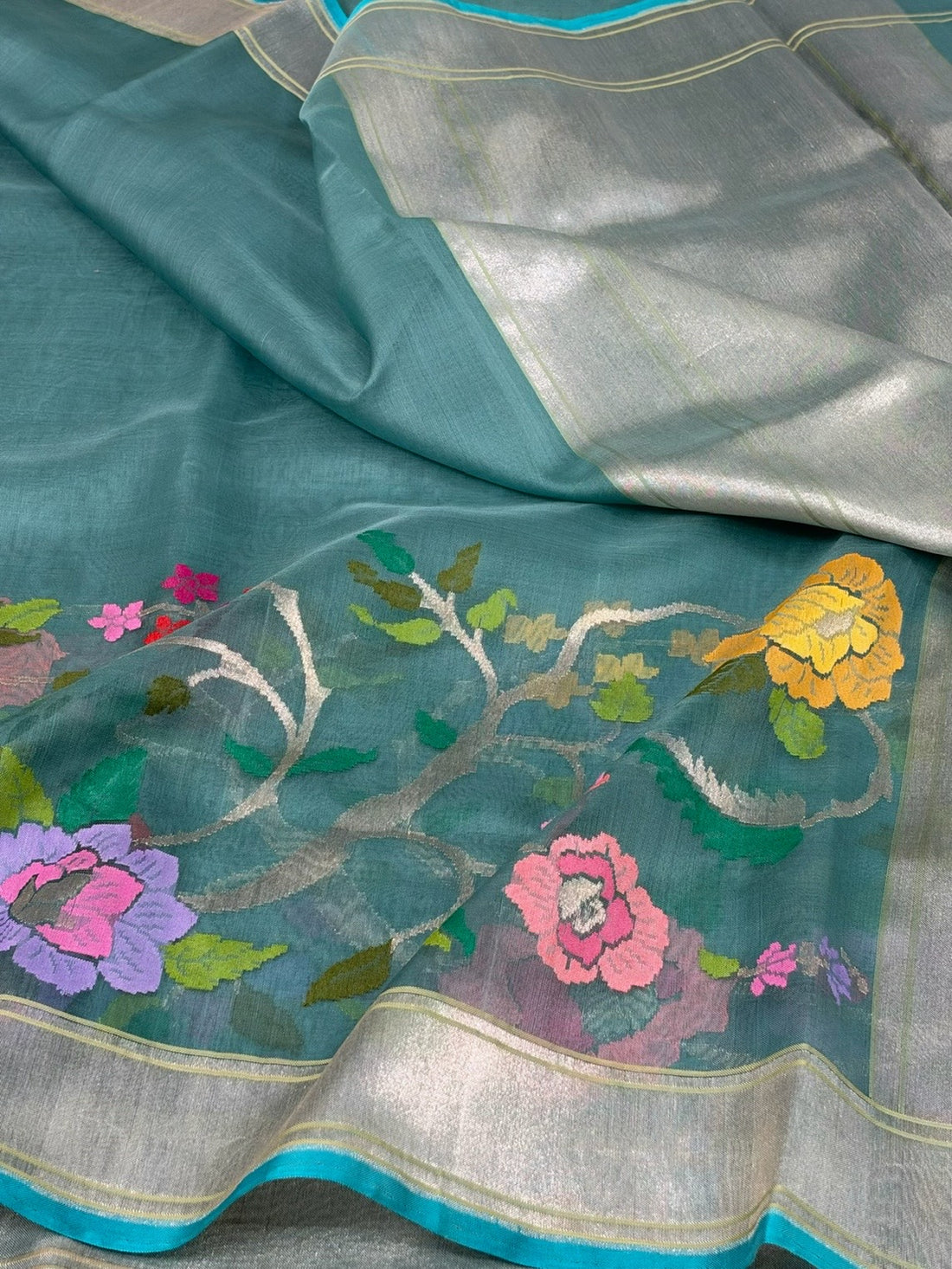 Teal Blue Handwoven Pure Banarasi Kora Jamdani Silk Saree