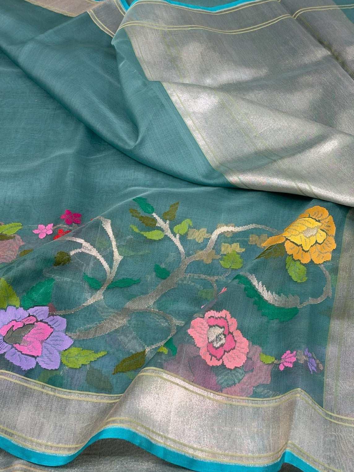 Teal Blue Handwoven Pure Banarasi Kora Jamdani Silk Saree