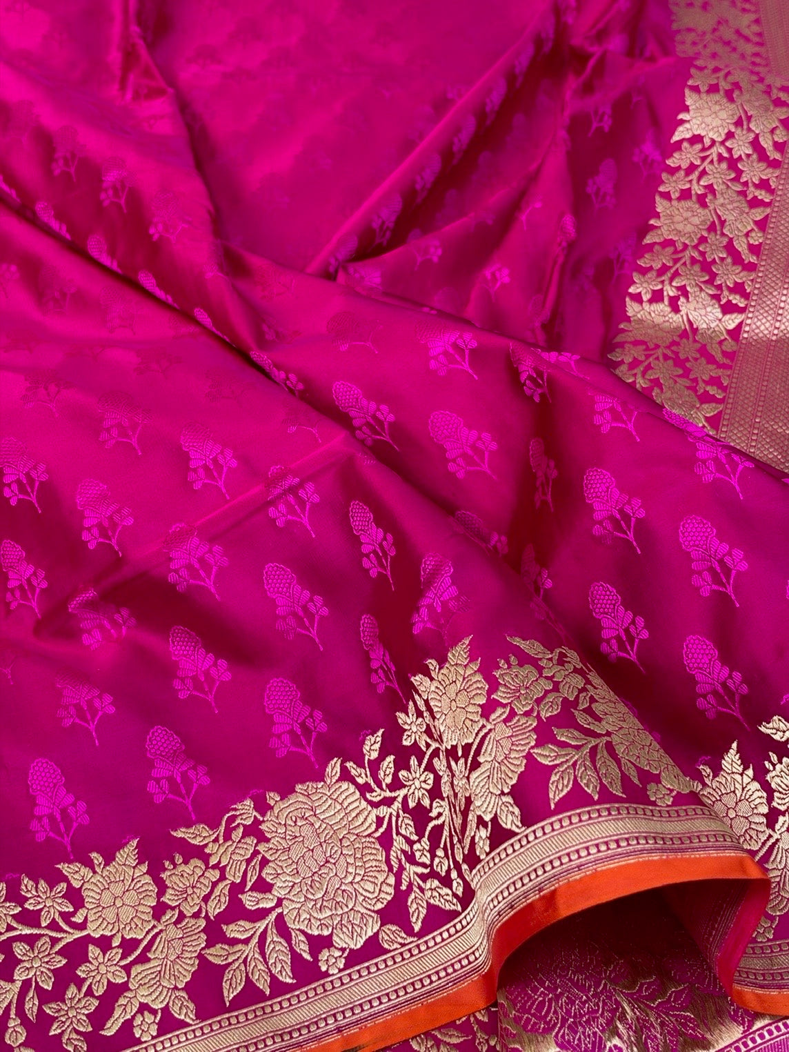 Rani Pink Handwoven Pure Banarasi Satin Tanchoi Silk Saree