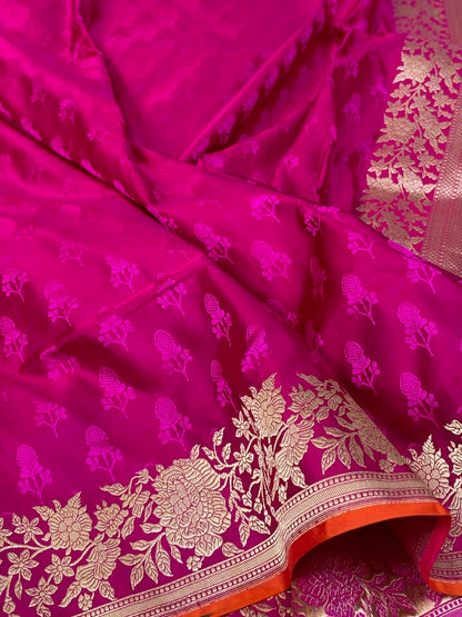 Rani Pink Handwoven Pure Banarasi Satin Tanchoi Silk Saree