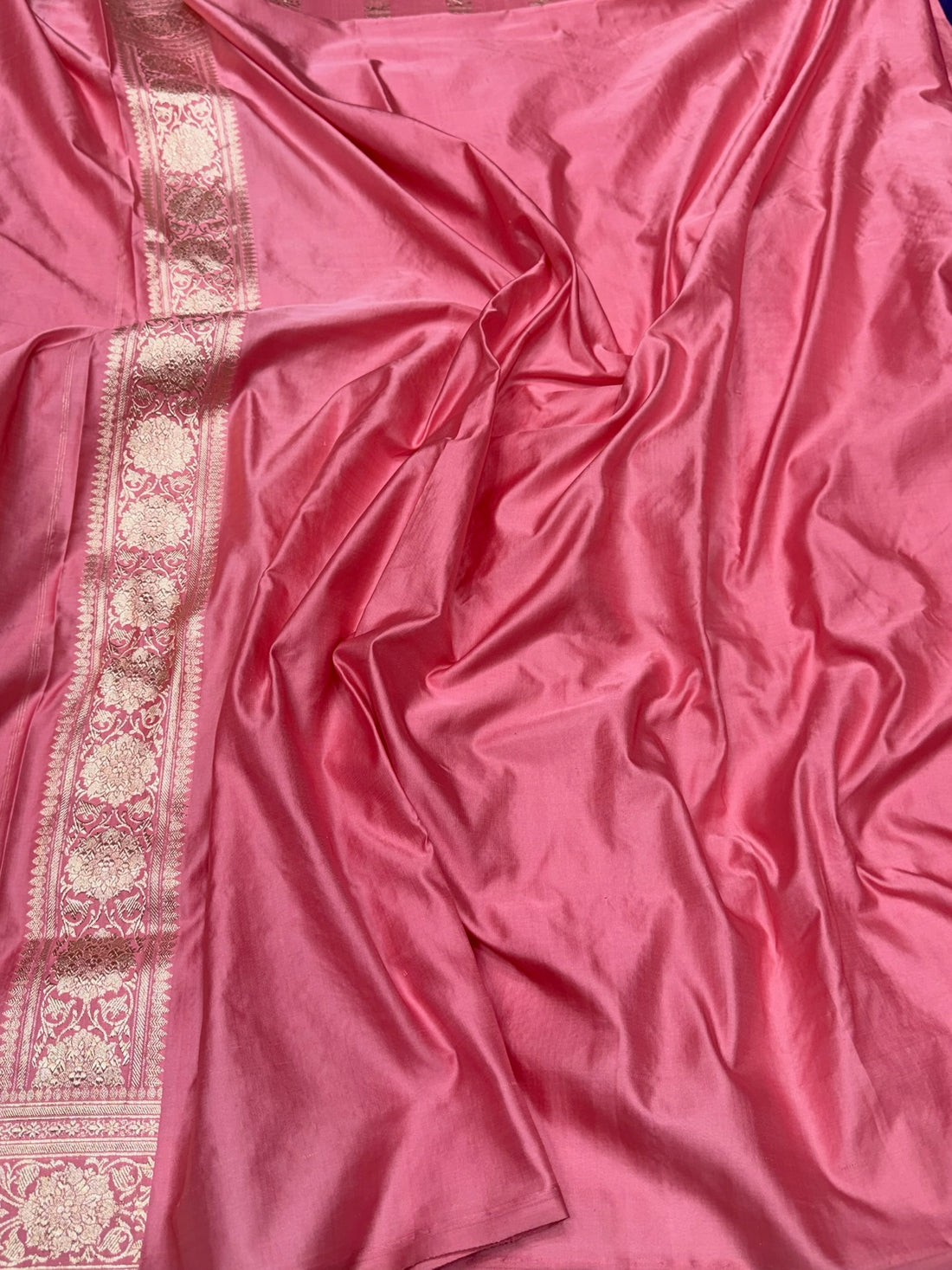 Baby Pink Handwoven Vintage Pure Banarasi Satin Silk Saree