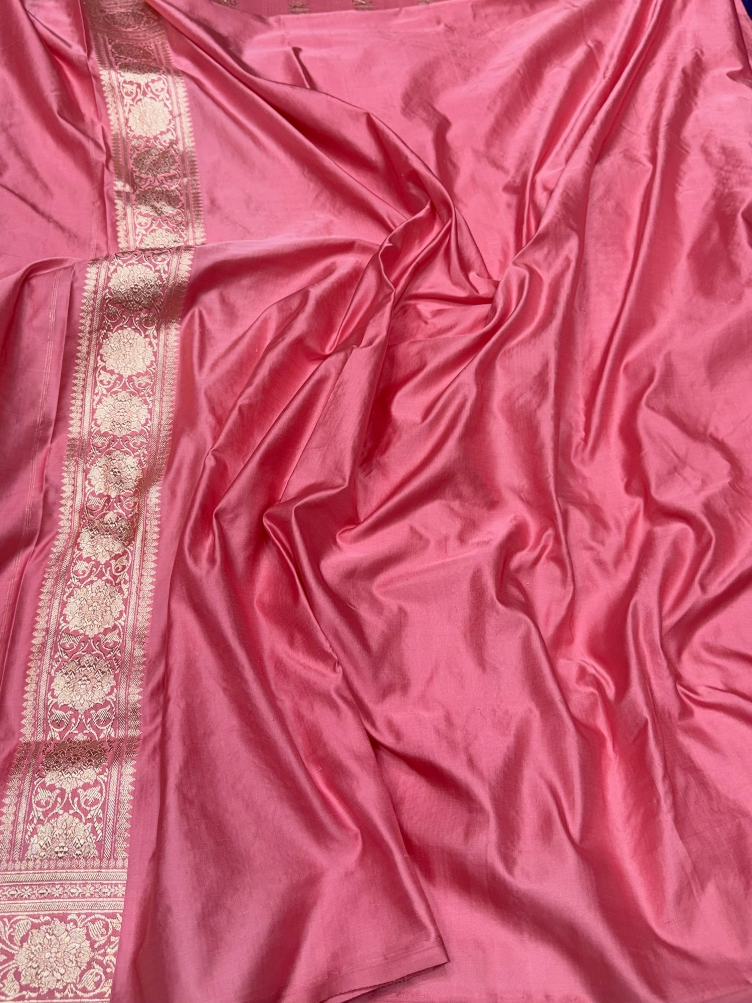 Baby Pink Handwoven Vintage Pure Banarasi Satin Silk Saree