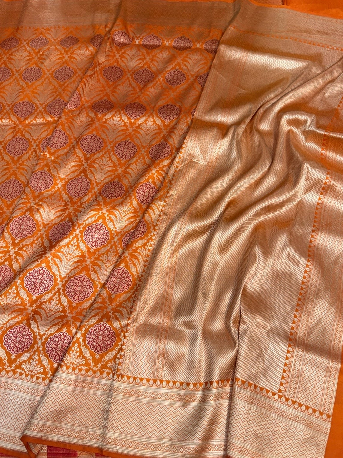 Orange Banarasi Minakari Pure Katan Silk Brocade Saree