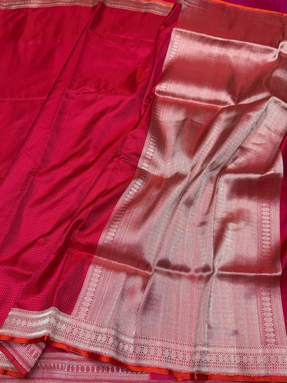 Red Handwoven Pure Banarasi Satin Tanchoi Silk Saree – Kadwa Weave | Authentic Banaras Handloom