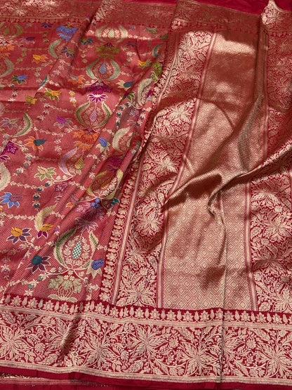 Red Handwoven Banarasi Pure Silk Brocade Saree | Meenakari Katan Silk