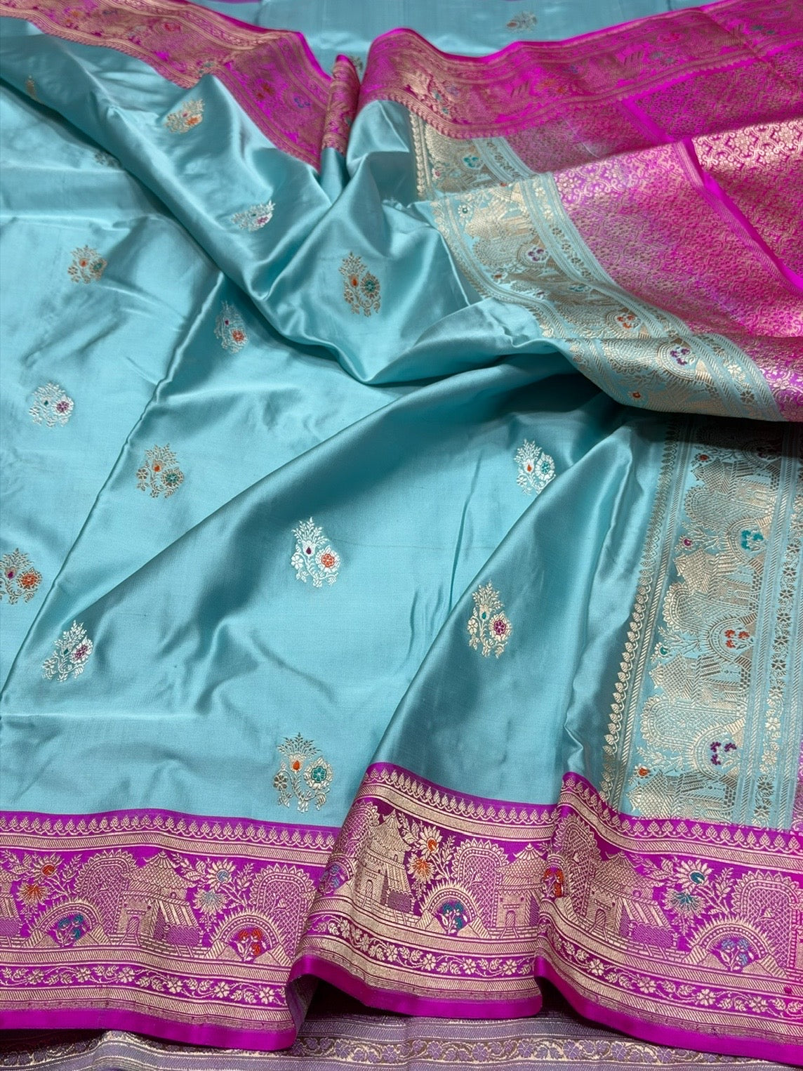 Sky Blue Handwoven Pure Banarasi Satin Silk Saree – Authentic Kadwa Weave