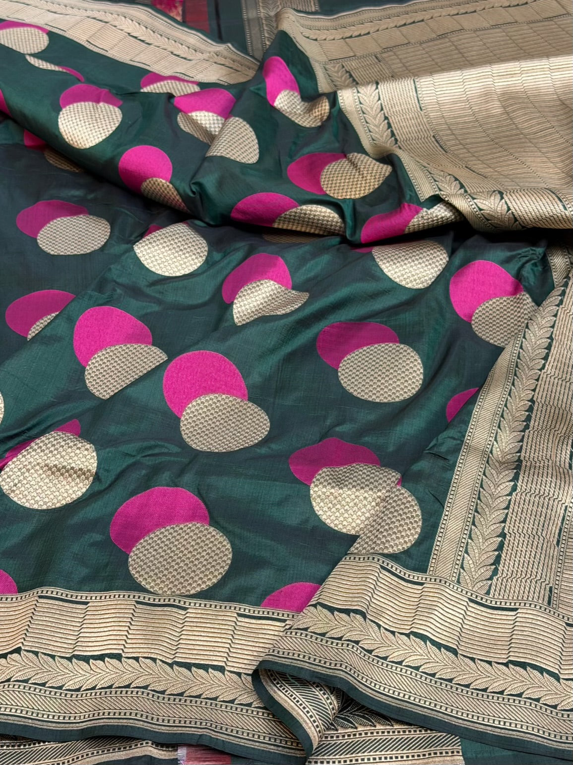 Bottle Green Minakari Banarasi Pure Katan Silk Saree
