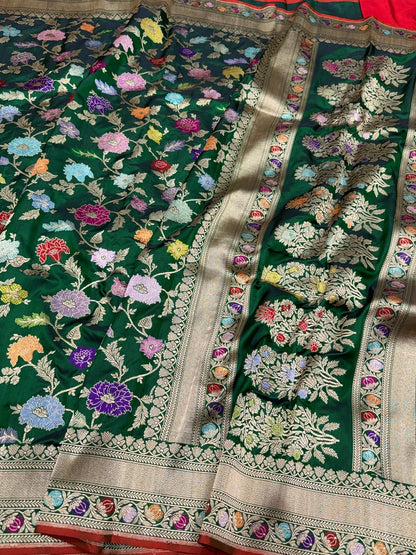 Bottle Green Handwoven Pure Banarasi Silk Saree