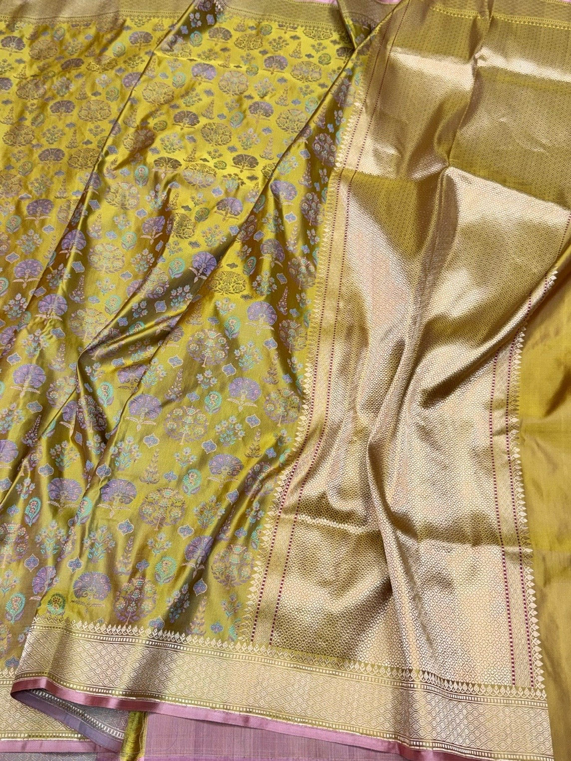 Mehndi Yellow Handwoven Pure Banarasi Satin Tanchoi Silk Saree – Kadwa Weave | Authentic Banaras Handloom