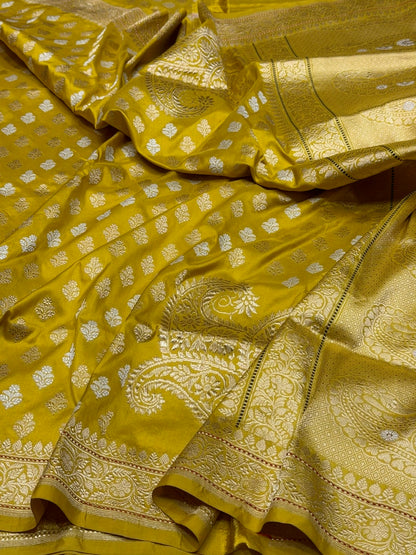 Mustard Yellow Handwoven Pure Banarasi Silk Saree in Kadwa Weave | Authentic Katan Mulberry Silk