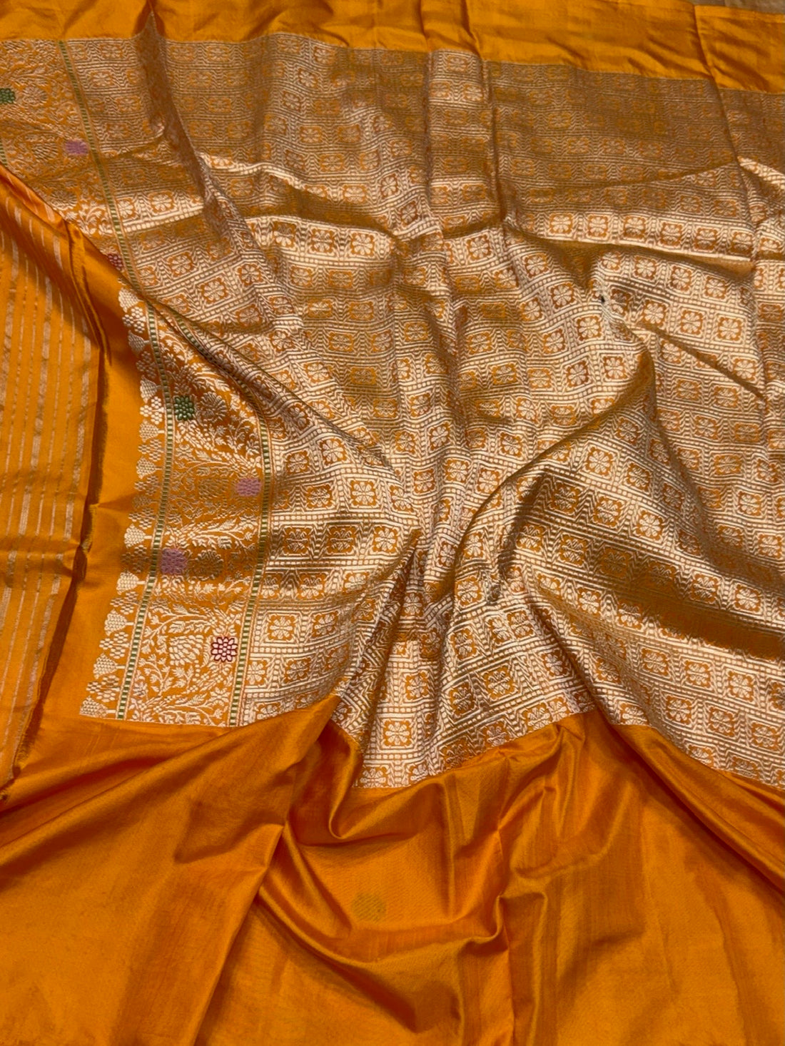 Chiku &amp; Orange Handwoven Pure Banarasi Ektara Silk Saree