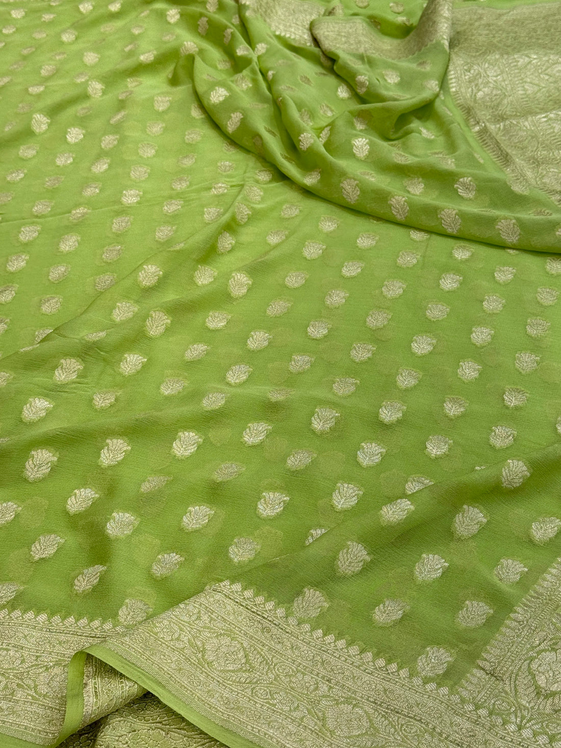 Lime Green Banarasi Pure Chiffon Georgette Saree