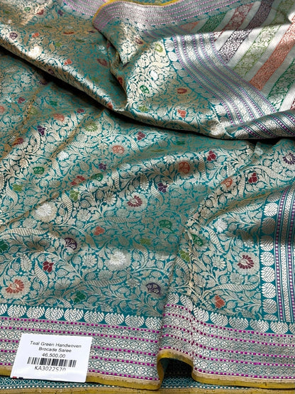 Teal Green Handwoven Pure Banarasi Silk Brocade Saree