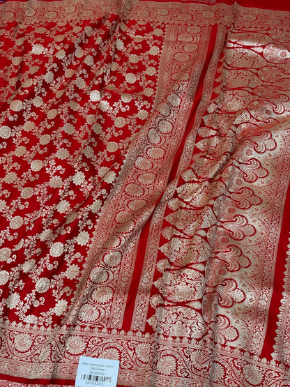 Red Handwoven Vintage Pure Banarasi Satin Silk Saree