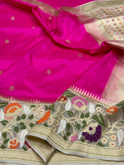 Rani Pink Handwoven Pure Banarasi Silk Saree – Kadwa Weave in 100% Katan Mulberry Silk