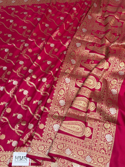 Pinkish Red Banarasi Sona Rupa Pure Katan Silk Saree
