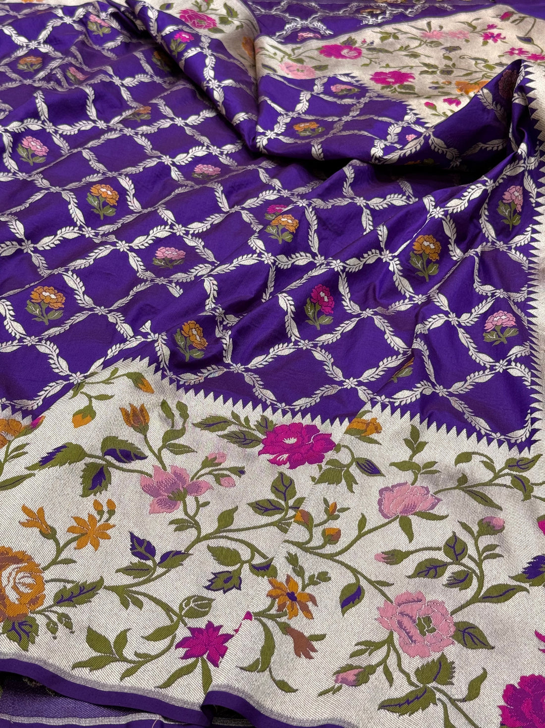Purple Paithani Rose Pattern Pure Silk Saree