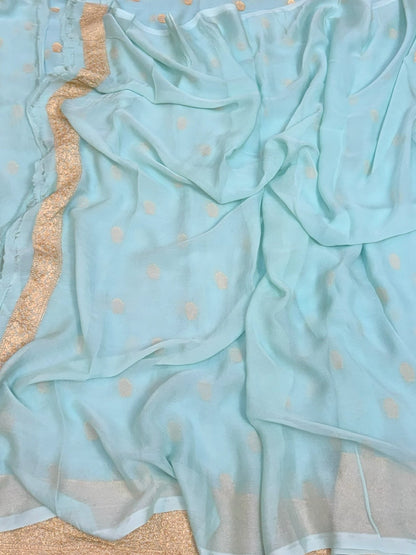 Sea Blue Banarasi Pure Chiffon Georgette Saree