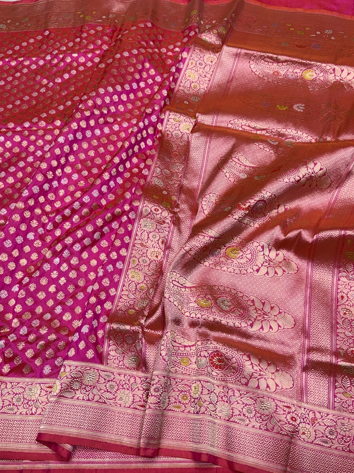 Rani Pink Handwoven Pure Banarasi Silk Saree | Pure Katan Silk | Kadwa Weave | HMR Handlooms