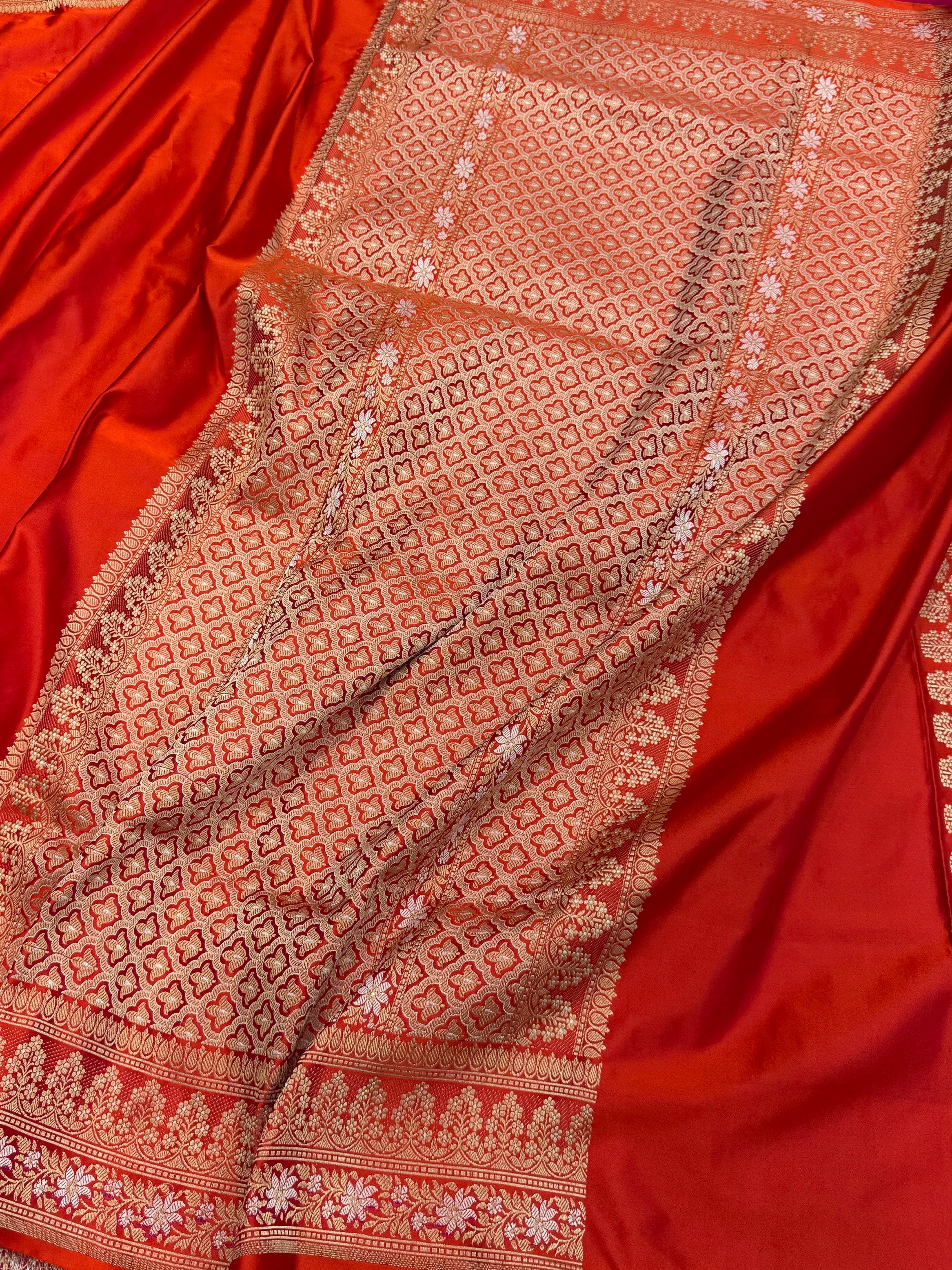 Orange Handwoven Banarasi Pure Mashru Satin Silk Saree