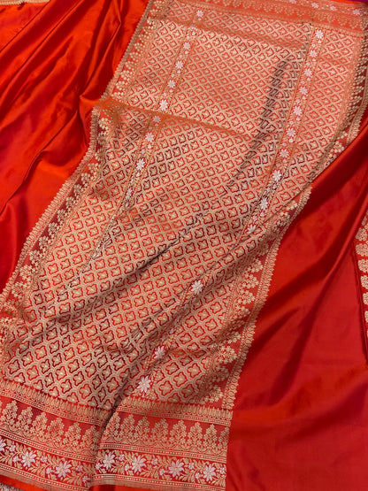 Orange Handwoven Banarasi Pure Mashru Satin Silk Saree