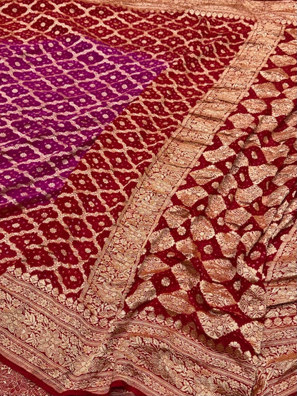 Red Banarasi Pure Bandhej Georgette Saree – Luxury Cutwork Brocade Festive Saree