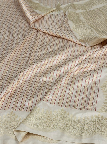 Ivory Handwoven Banarasi Scallop Border Katan Silk Saree – Luxury Kadwa Handloom